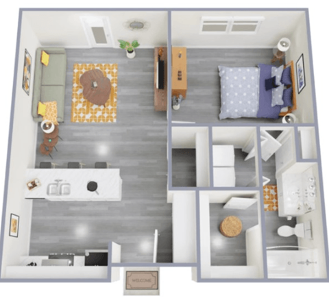 Floor plan for 1 bed, 1 bath, 726 sqft
